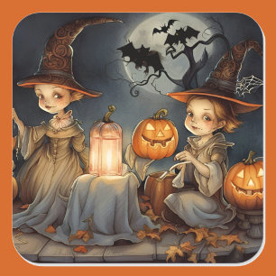 Adesivo Quadrado Bruxas Bonitas Abóbora Bats de Halloween