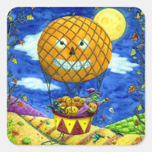 ADESIVO QUADRADO BRUXAS, GATO PRETO NO HUMOR DE ARTE FOLK DE BALÃO