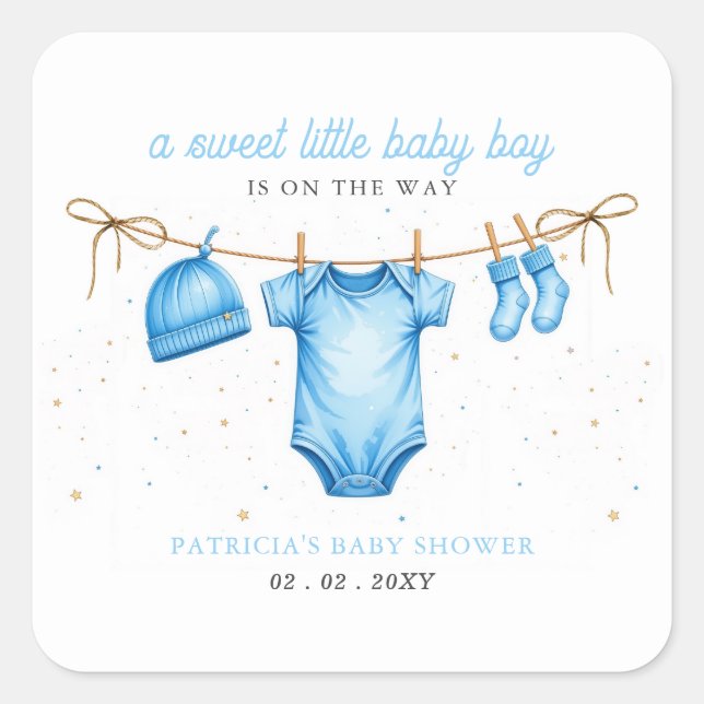 Adesivo Quadrado Budget Clothesline Blue Boy Baby Shower invitation (Frente)