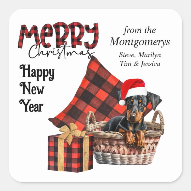 Adesivo Quadrado Buffalo Xadrez Doberman Pinscher Puppy Holiday (Frente)