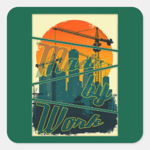 Adesivo Quadrado Built by Workers City Skyline Vintage Labor Day De