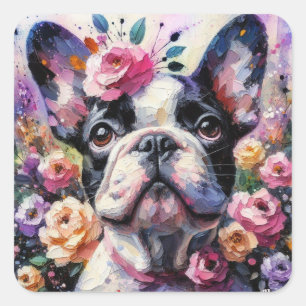 Adesivo Quadrado Buldogue francês com pintura impressionista Rosa