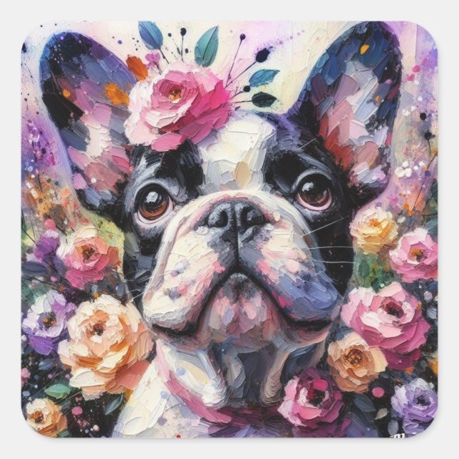 Adesivo Quadrado Buldogue francês com pintura impressionista Rosa (Frente)