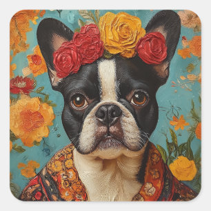 Adesivo Quadrado Buldogue francês como Frida Kahlo