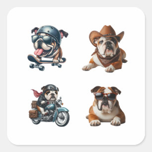 Adesivo Quadrado Buldogue Funny 4 Pack Stickers