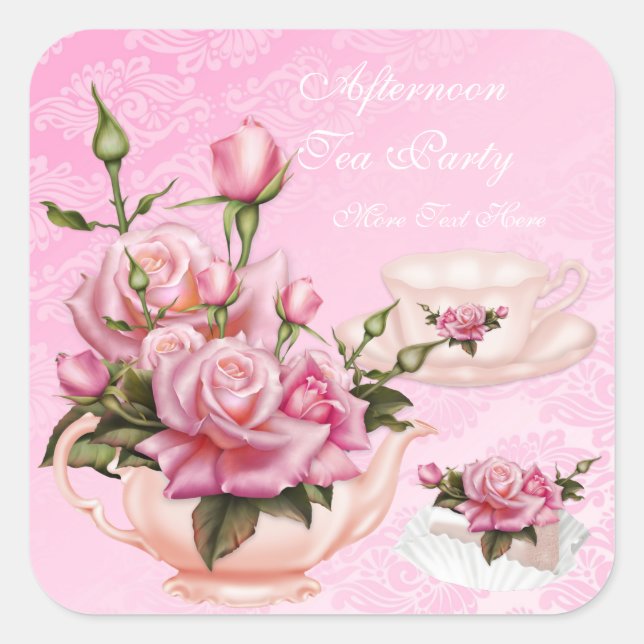 Adesivo Quadrado Bule Floral de Rosa de Pêssego do Partido do Chá à (Frente)