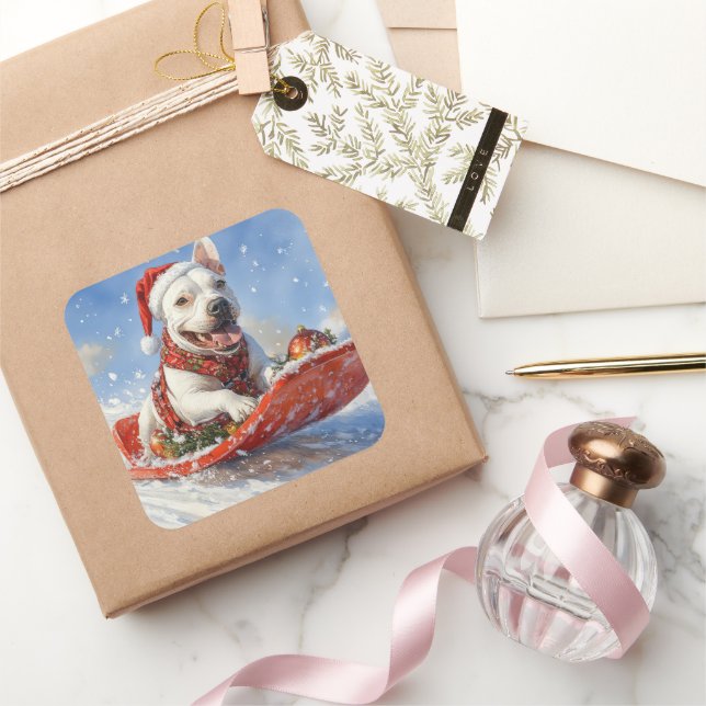 Adesivo Quadrado Bull Terrier Dog Sledge Deixe nevar Natal (Presentear)