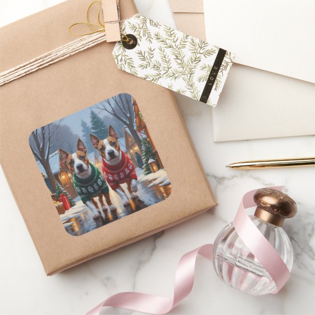 Adesivo Quadrado Bull Terrier Dogs Christmas Snow Holiday (Presentear)