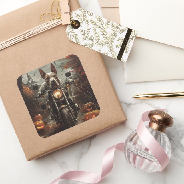 Adesivo Quadrado Bull Terrier Riding Motorcycle Halloween Scareen (Presentear)