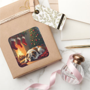 Adesivo Quadrado Bulldog ao lado da Lareira Pintura de Natal