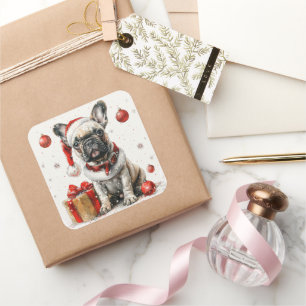 Adesivo Quadrado Bulldog Francês de Terno de Papai Noel com Caixa d