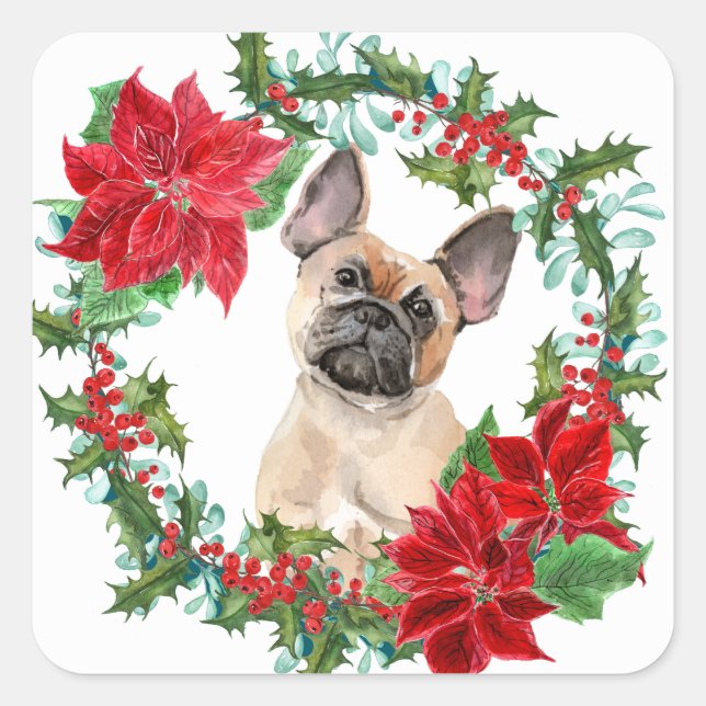 Adesivo Quadrado Bulldog Francês Poinsettia Christmas Wreath (Frente)