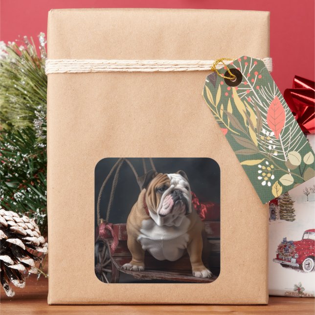 Adesivo Quadrado Bulldog Snowy Sleigh Decência de Natal (Feriado)
