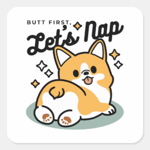 Adesivo Quadrado Bumbum Primeiro, Vamos Nap - Bumbum Corgi Cute