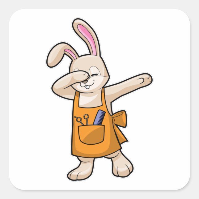 Adesivo Quadrado Bunny como cabeleireiro com comb e tesoura (Frente)