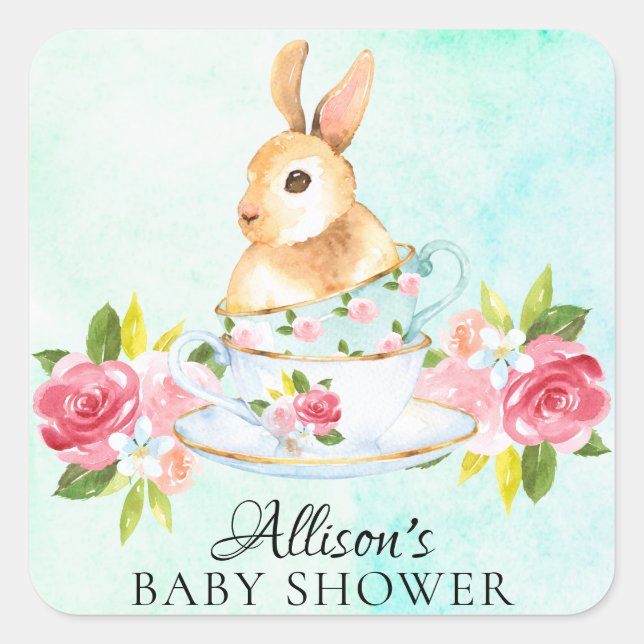 Adesivo Quadrado Bunny Floral Baby Tea Party Envelope Seal (Frente)