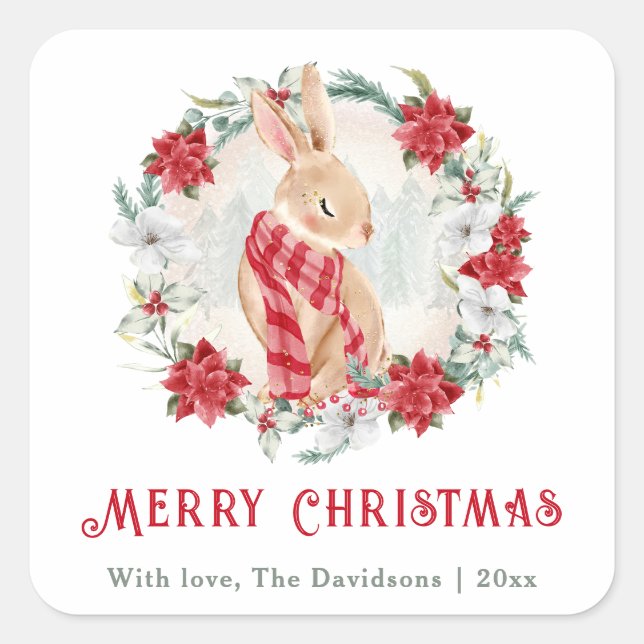 Adesivo Quadrado Bunny Poinsettia Watercolor Natal Simples (Frente)