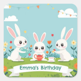 Adesivo Quadrado Bunny Tea Party Stickers | Cute Rabbit Birthday
