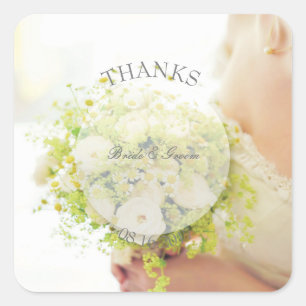 Adesivo Quadrado Buquê de flor noiva, casamento editável - Obrigado