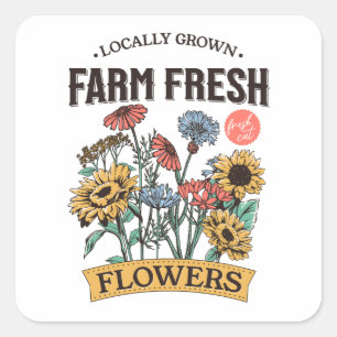 Adesivo Quadrado Buquê de Flores Cortadas Frescas de Fazenda Vintag