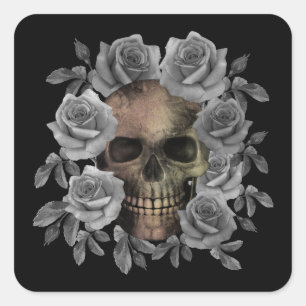 ADESIVO QUADRADO BUQUÊ DE FLORES CRÂNIO PRETO E BRANCO