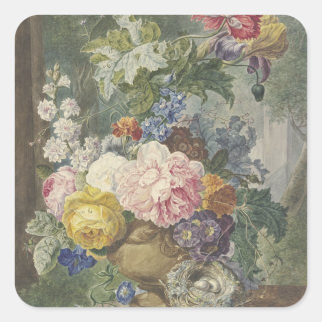 Adesivo Quadrado Buquê de flores em um vaso com ninho de pássaro (Frente)