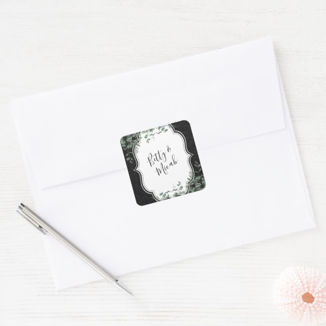 Adesivo Quadrado Buquê de Glitter Preto e Eucalipto Floral (Envelope)