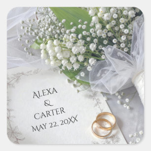 Adesivo Quadrado Buquê de Lírio do Vale com Alianças de Casamento