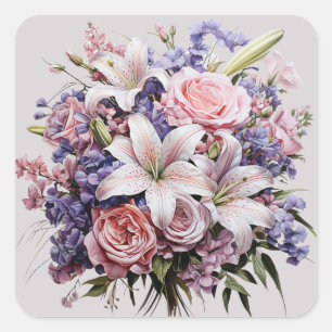 Adesivo Quadrado Buquê de Noiva Branco Rosa Roxo