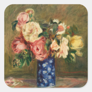 Adesivo Quadrado Buquê de Rosas Rosa Renoir Vintage Arte Vaso Azul