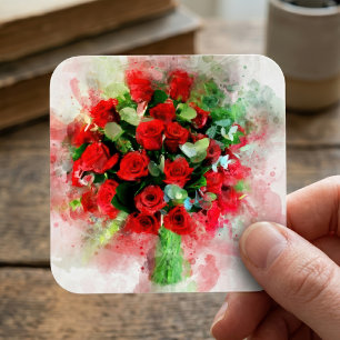 Adesivo Quadrado Buquê de Rosas Vermelhas Aquarela em Fundo Branco