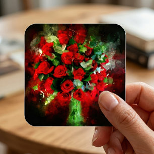Adesivo Quadrado Buquê de Rosas Vermelhas Aquarela em Fundo Preto