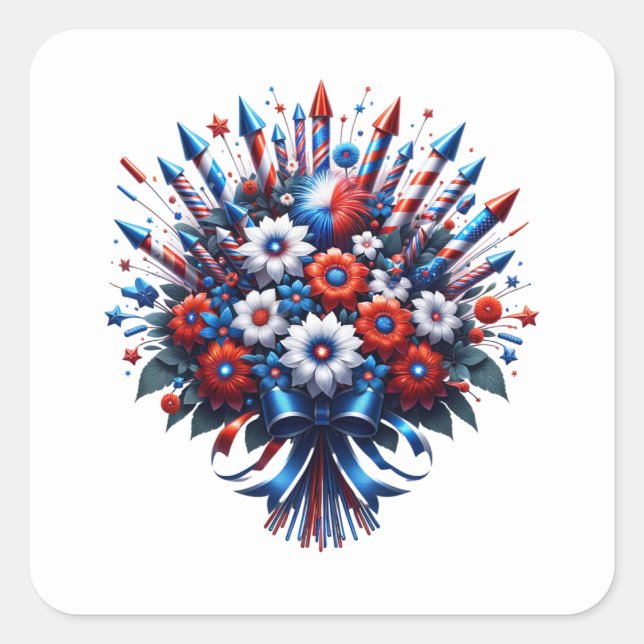 Adesivo Quadrado buquê do Dia da Independência em 4 de julho (Frente)