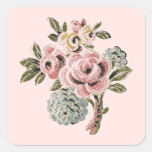 Adesivo Quadrado Buquê Floral Botânico de Arte Popular Rosa Vintage