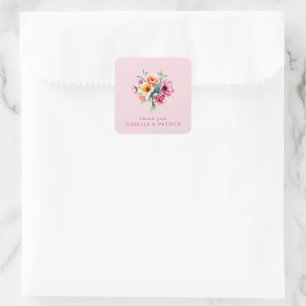 Adesivo Quadrado Buquê Floral de Aquarela Rosa Romântico
