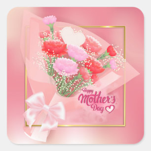 Adesivo Quadrado Buquê Floral do Dia das Mães   Presente Coração Ro