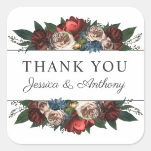 Adesivo Quadrado Buquê Floral Luxuoso em Tons de Joia Obrigado
