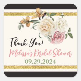 Adesivo Quadrado Buquê Floral Preto, Marfim e Dourado