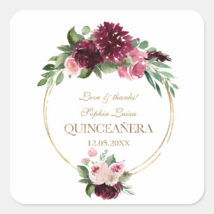 Adesivo Quadrado Burgundy Blush Floral Dourada Mis Quince Quinceañe