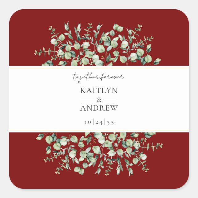 Adesivo Quadrado Burgundy Eucalyptus Together Forever Wedding  (Frente)