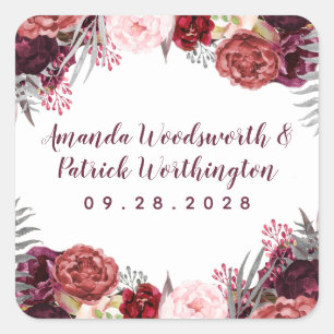 Adesivo Quadrado Burgundy Marsala Blush Pink Peony Casamento Favor