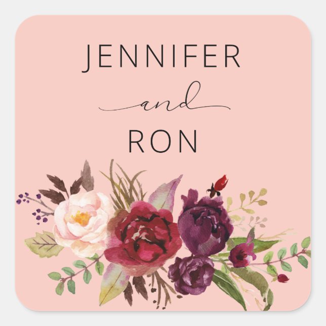 Adesivo Quadrado Burgundy Marsala & Pink Floral Name - Cor-de-rosa  (Frente)