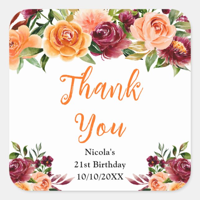 Adesivo Quadrado Burgundy Orange Floral Birthday Thank You (Frente)