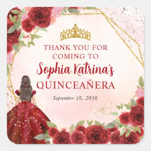 Adesivo Quadrado Burgundy Red Dourada Princesa Floral Tiara Obrigad