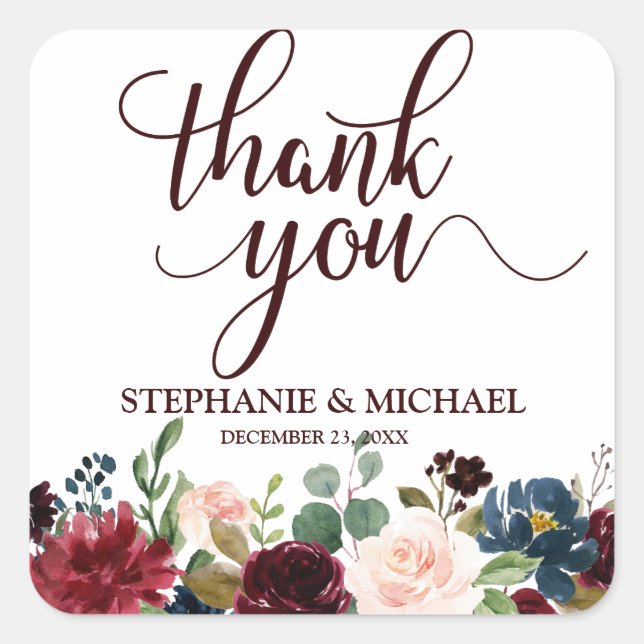 Adesivo Quadrado Burgundy Red Marinho Floral Boho Obrigado (Frente)