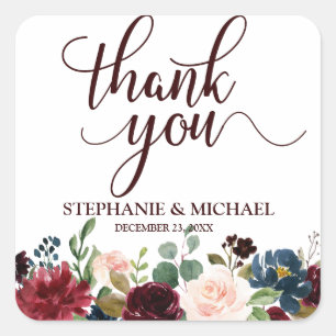 Adesivo Quadrado Burgundy Red Marinho Floral Boho Obrigado