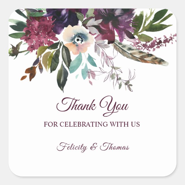 Adesivo Quadrado Burgundy Splendor Floral White Thank You (Frente)