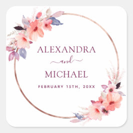 Adesivo Quadrado Burgundy Watercolor - Selo Geométrico Floral de Ca