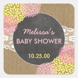 Adesivo Quadrado Burlap chic, russo, amarelo-rosa, chá de fraldas a
