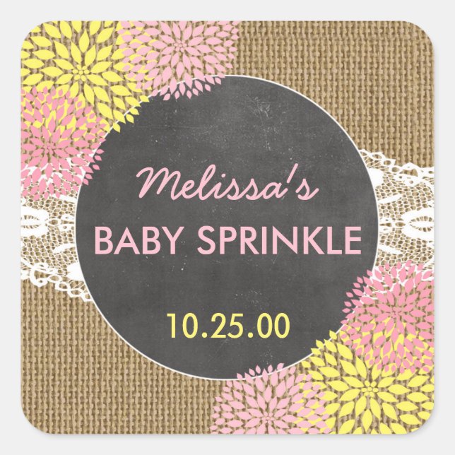 Adesivo Quadrado Burlap chic, russo, amarelo-rosa, sprinkle favor (Frente)